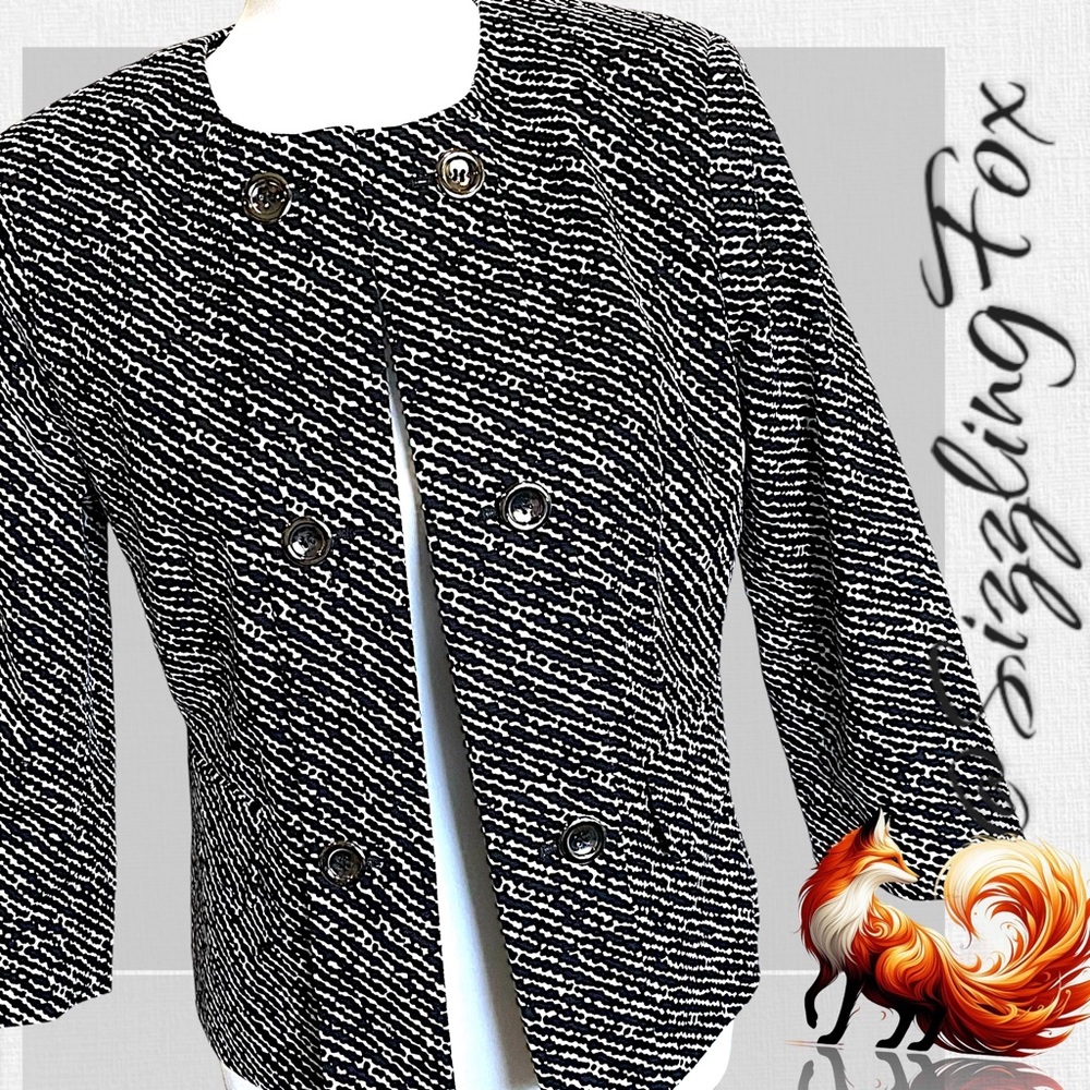 New York & Company Black and White Patterned Double-Breasted Blazer